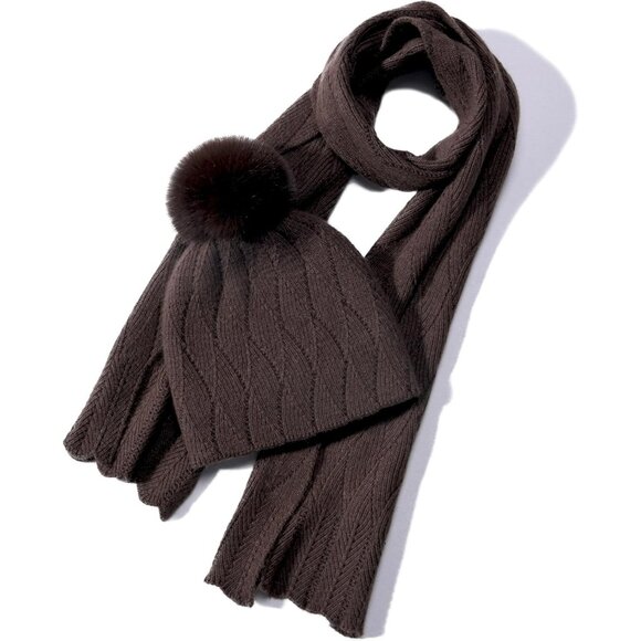 Accessories - Women Hat Scarf Set Wool Blend Winter Beanie & Long Scarf Cold Weather Brown